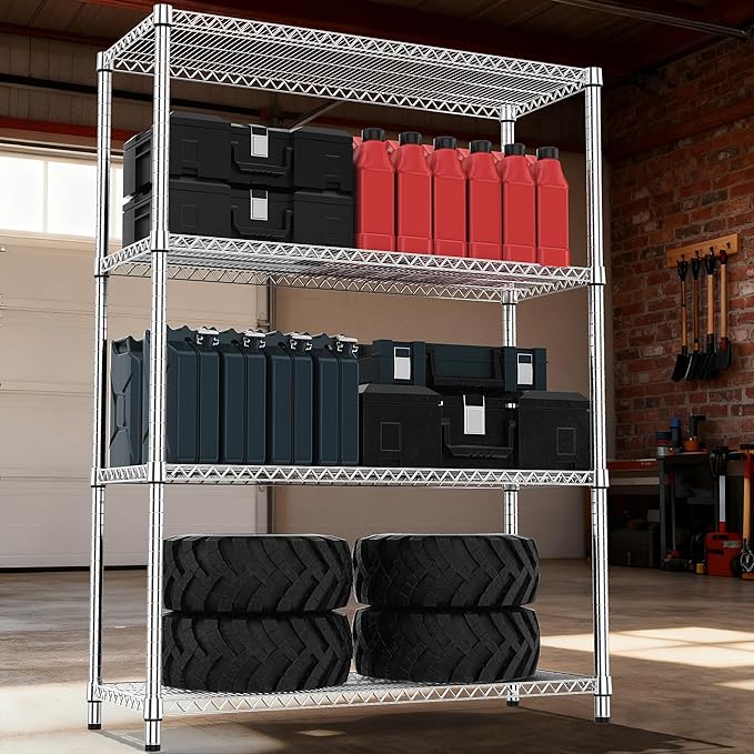 M MZG 4 Tiers Shelf Metal Storage Shelves 2640 lbs Steel Storage Shelving Utility Shelving Unit Steel Organizer Wire Rack for Home,Kitchen,Office,Garage Chrome 17.7" D x 47.2" W x 70.3" H