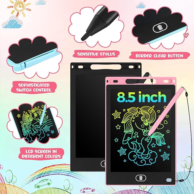 Tinlade 12 Pack LCD Writing Tablets for Kids, 8.5 Inch Erasable Doodle Boards Portable Electronic Drawing Pads, Learning Bulk Toys Gifts for School Prize (Pink, Light Blue, White, Black)