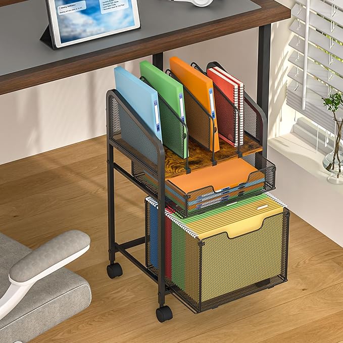 Tiaoheka Rolling File Cabinet with Adjustable Dividers, Mobile Filing Cabinet with 2 Storage Drawers on Lockable Wheels, Hanging File Organizer Beside Under Desk for Office, Home（Patent Pending）