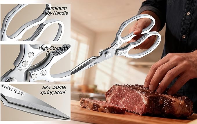 Kitchen Scissors Set Silver - Stainless Steel Shear, Sharp Meat Cutting Scissors Dishwasher Safe, Poultry Shears Heavy Duty, Japan Cooking Scissor for Food, Christmas Gifts for Men Women