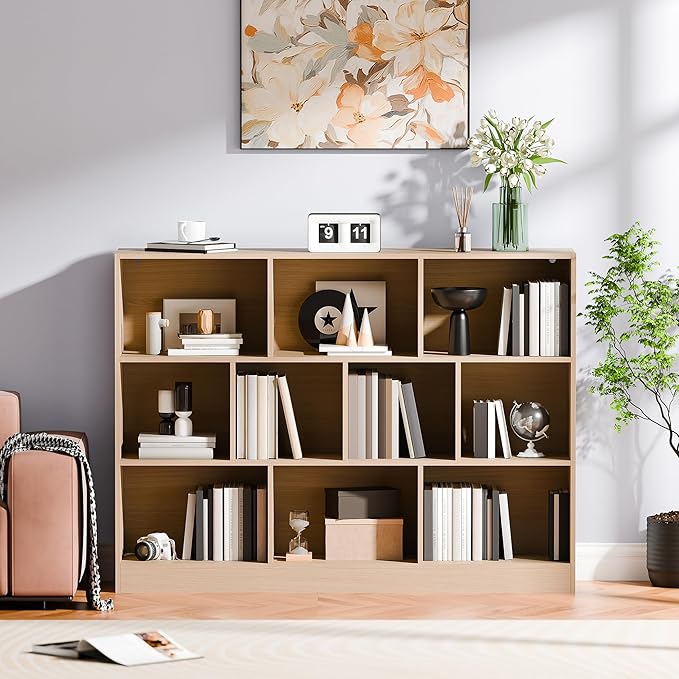 Cozy Castle Oak Bookshelf, 3-Tier Open Shelf Bookcase, 10 Cube Storage Organizer with Anti-Tilt Device, Freestanding Horizontal Bookshelf Cube Shelf for Bedroom, Living Room