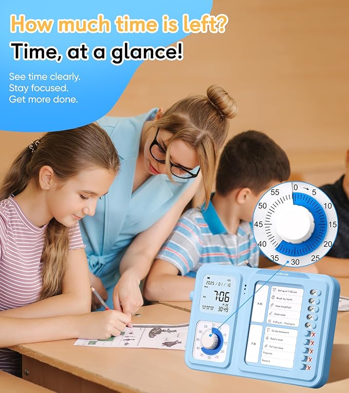 3-in-1 Visual Timer & ADHD Tool for Kids|Adults, Task Timer with Chore Chart Board, Visual Schedule for Kids with Autism, Daily Checklist for Home, School, Classroom, Desk (Blue)