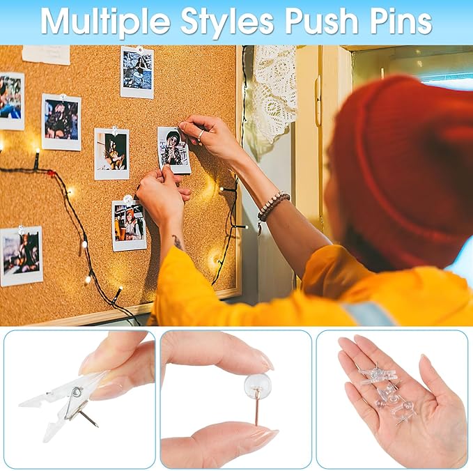 290 Pcs Push Pins, 6 Style Thumb Tacks Set for Wall Hanging,Cork Board, Bulletin Board, Decorative Steel Point Push Pins for Map, Photo, Craft, Office, Home - Clear