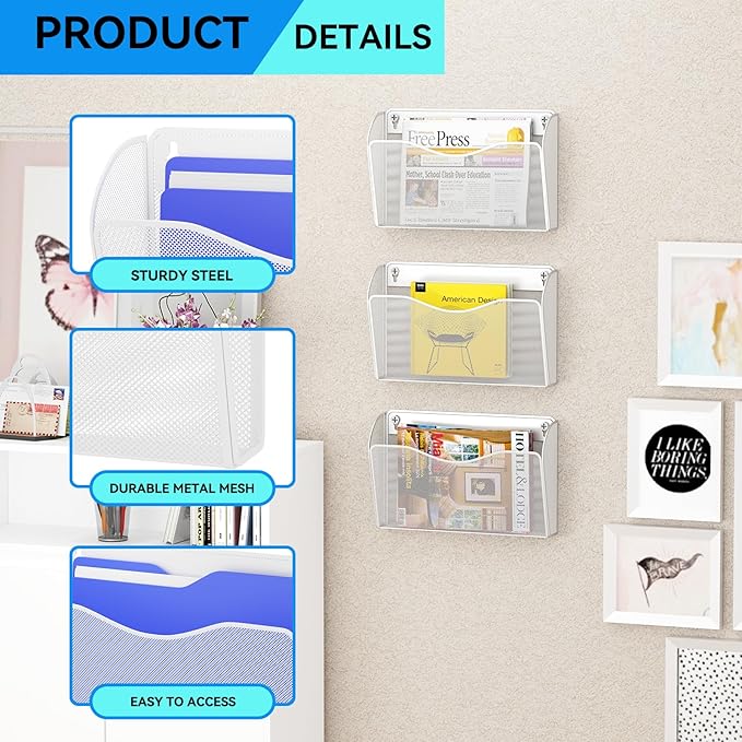 GDINDINFAN Single Pocket Wall File Holder, Mesh Hanging File Folder Paper Organizer, Vertical Wall Mounted Mail Basket, Storage Organization Magazine Rack for Office, Home and School, White