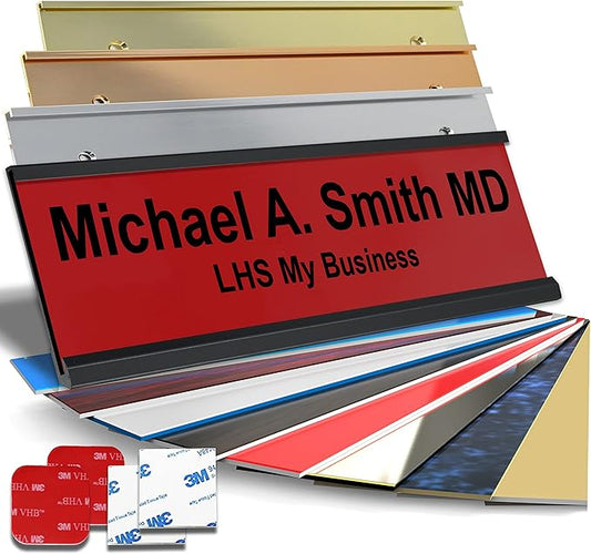 Personalized Name Plate with Choice of Mounting Holders for Walls, Doors, Cubicles, Hanging and More - Custom Red Plastic Black Letters - USA Made 2x6 - B14