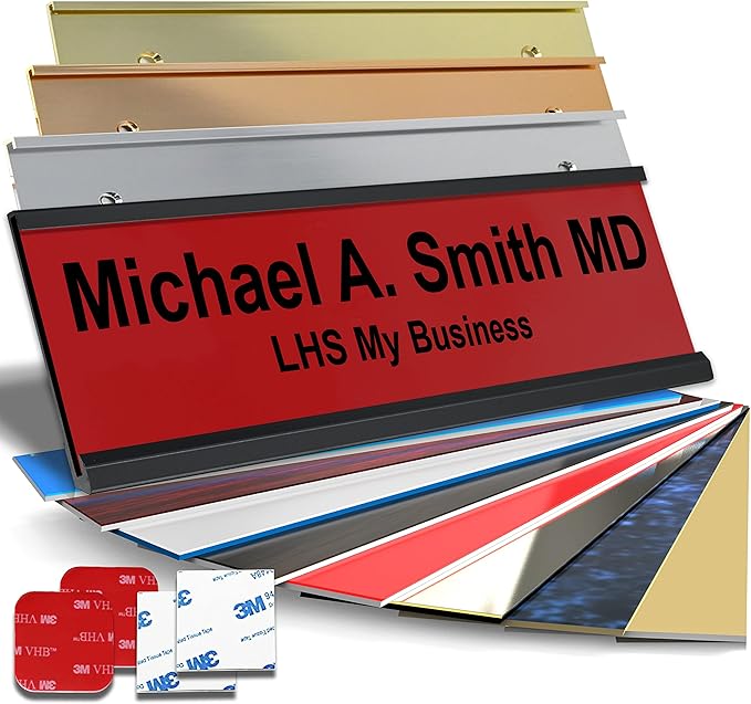 Personalized Name Plate with Choice of Mounting Holders for Walls, Doors, Cubicles, Hanging and More - Custom Red Plastic Black Letters - USA Made 2x12 - B14