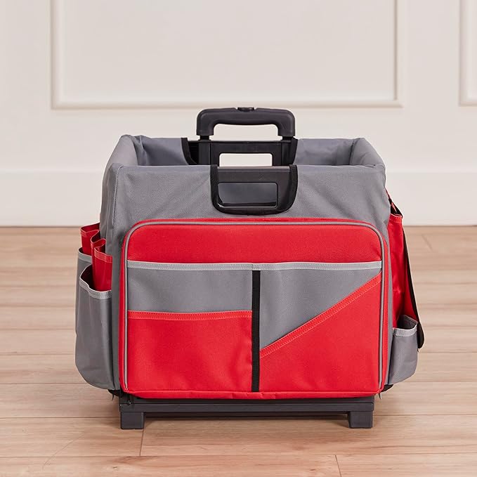 ECR4Kids Universal Rolling Cart with Canvas Organizer Bag, Mobile Storage, Red/Grey