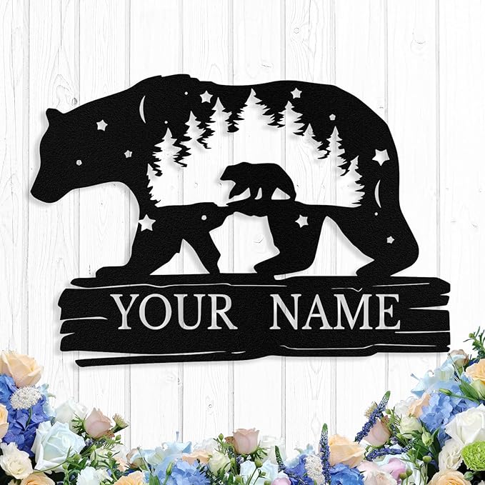 Custom Bear Metal Sign, Custom Bear Metal Wall Art Decor, Personalized Last Name Signs for Home, Rustic Farmhouse Black Wall Decor for Cabin, Bedroom, Living Room, Porch