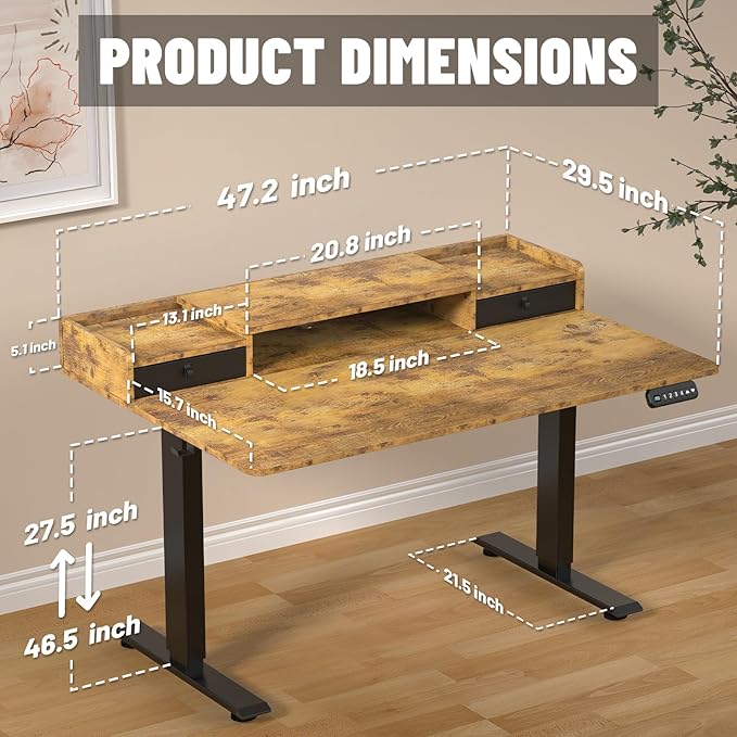 ExaDesk 48 x 30 Inch Electric Standing Desk with 2 Drawers, Adjustable Height Widened Stand Up Desk with Storage, Sit to Stand Ergonomic Workstation for Home Office, Rustic Brown