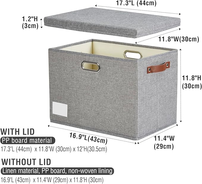 Roobyl 17" Large Collapsible Storage Bins with Lids, Stackable Closet Organizers with PU Handle and Labels, 3-Pack Decorative Fabric Storage Boxes for Home, Bedroom, Closet, Office, Nursery(Gray)