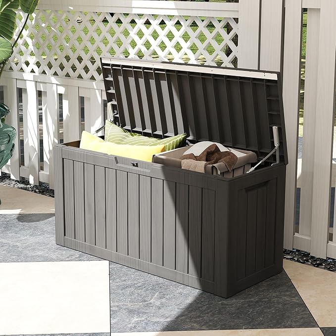 Yardgrace 80 Gallon Outdoor Storage Box Waterproof, Resin Deck Boxes with Lockable Lid & UV-Resistant for Patio, Pool, Garden Furniture Cushions & Accessories, Coffee