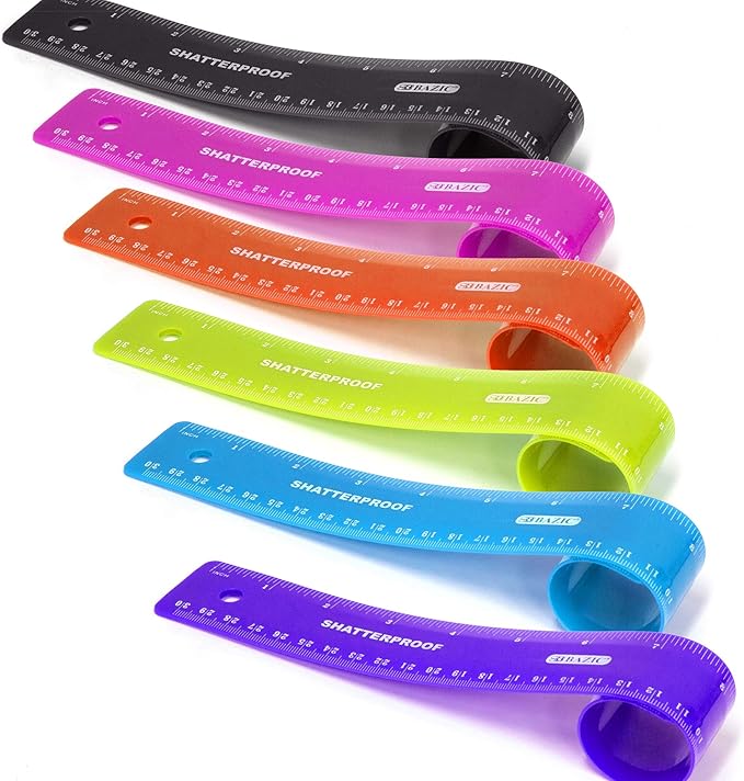 BAZIC Products Shatterproof Flexible Curve Ruler 12" (30cm), Inches Centimeter Metric Measuring Drafting Rulers, for Students School Supplies, 6-Pack