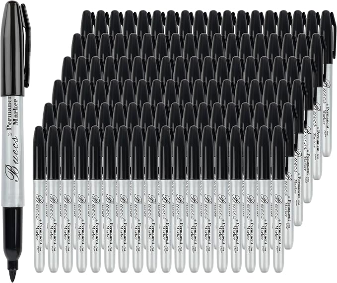 Buecs Permanent Markers, 200 Count Black Permanent Markers, Fine Point, Waterproof & Smear Proof Markers, Quick Drying, Office Supplies for School, Office, Home