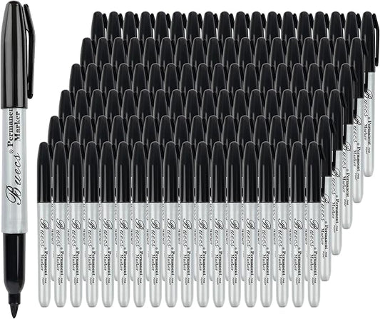 Buecs Permanent Markers, 200 Count Black Permanent Markers, Fine Point, Waterproof & Smear Proof Markers, Quick Drying, Office Supplies for School, Office, Home