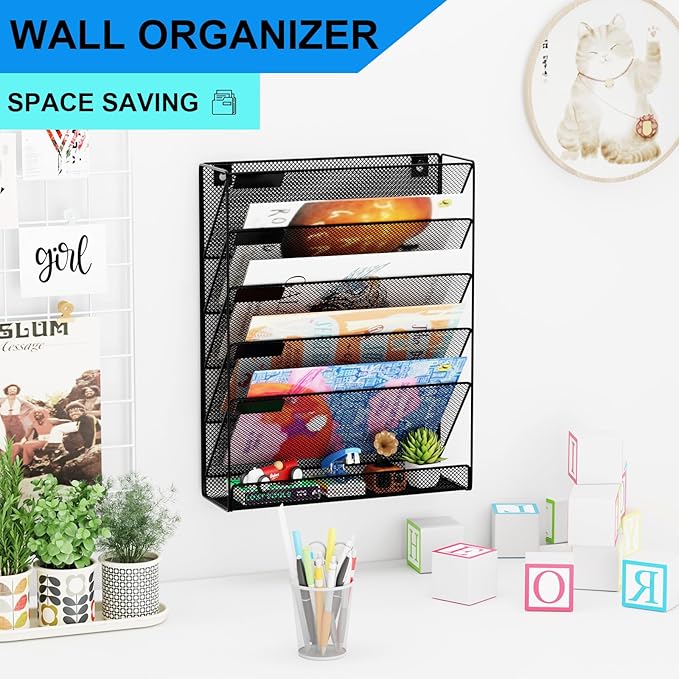 GDINDINFAN Wall File Organizer Holder Mesh Hanging Paper Document Holder,Vertical 6 Pocket Tier for Office Home, Black