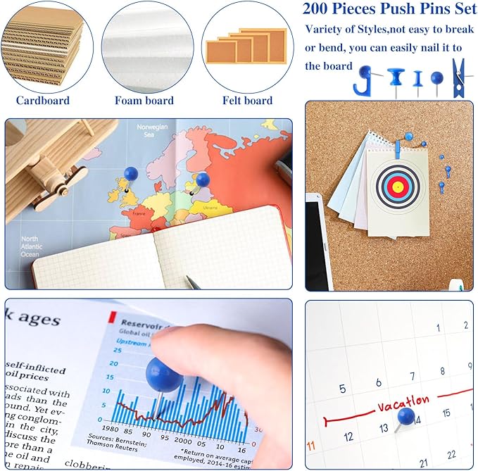 200 Pieces Push Pins Set, 5 Types Blue Thumb Tacks Cute Decorative Push Pins for Wall Cork Board Bulletin Boards with Storage Box