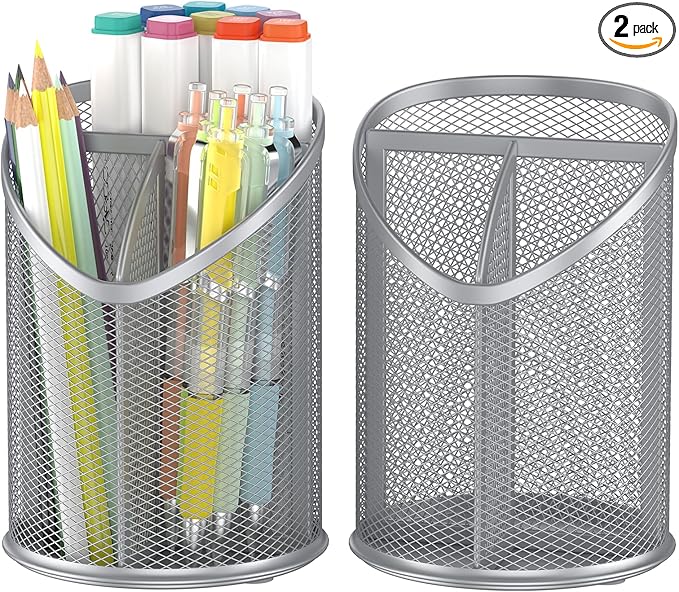 Delifox 2 Pack Pen Holder Mesh Round Pencil (Silver)