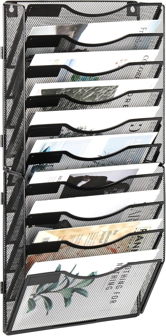EasyPAG Wall File Organizer for Office 10 Pocket Mesh Wall Mounted Paper Organizer Hanging Folder Holder with Nametag Label for Home School, Black