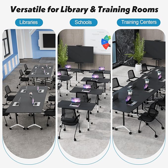 Goakwwuz Conference Room Table, Folding Conference Tables,Thicken Grey Tabletop,Flip Top Wooden Seminar Meeting Room Table for Conference Room Offices (4, Black, 47.2“)