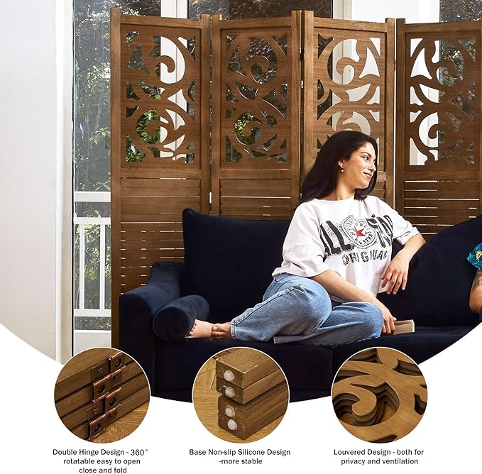 Room Divider Wood Carved Wall Divider Indoor Folding Portable Partition Screen for Home Office Garden Terrace - 4 Panel, 67 * 60inch (Dark Brown)