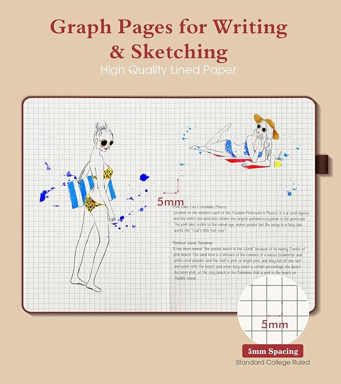 PAIBAS Graph Notebook for Women Men, 160 Pages Grid Paper, Graphing Notebooks for School, Work, Quad Ruled, Inner Pocket, A5 Hardcover Vintage Leather Journals for Writing, 5.8"x8.5" (Brown)