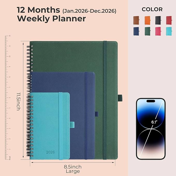 IN-LUXPRO Planner 2026 Daily Weekly and Monthly,11.5"x8.5",12 Months Spiral Bound Calendar Agenda with Self-adhesive Pen Holder,2026 Appointment Book with Vegan Leather Soft Cover,Blue