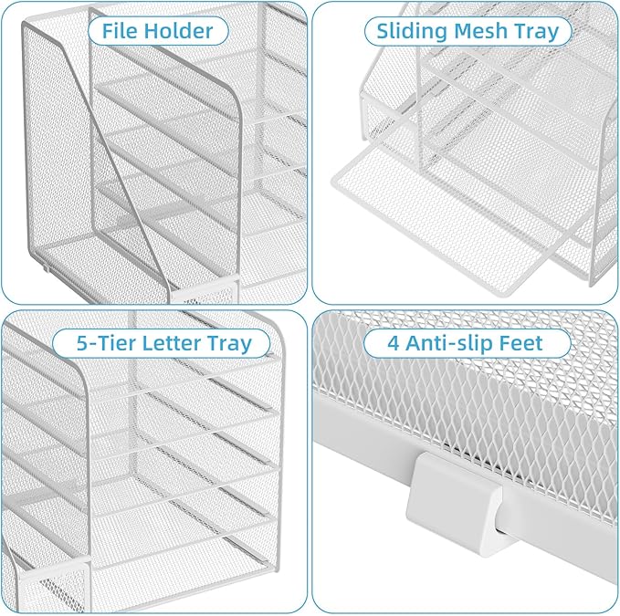 Marbrasse Desk Organizers and Accessories, 5-Tier Paper Letter Tray Organizer with File Holder, Mesh File Organizer, Office Desk Accessories & Organization for Supplies (White)