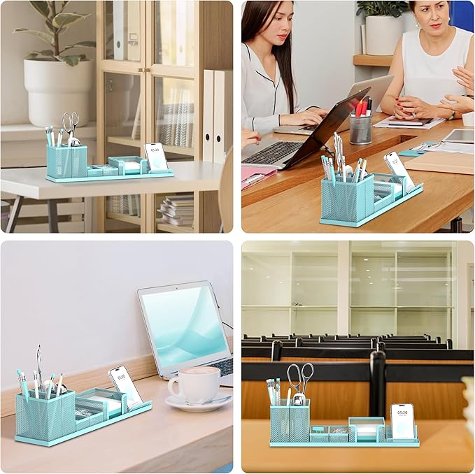 SUPEASY Pen Holder for Desk, 6 Piece Mesh Desk Organizer set for Office Organization with Mail Organizer, Letter Phone Holder, Sticky Notes Caddy Storage, Blue
