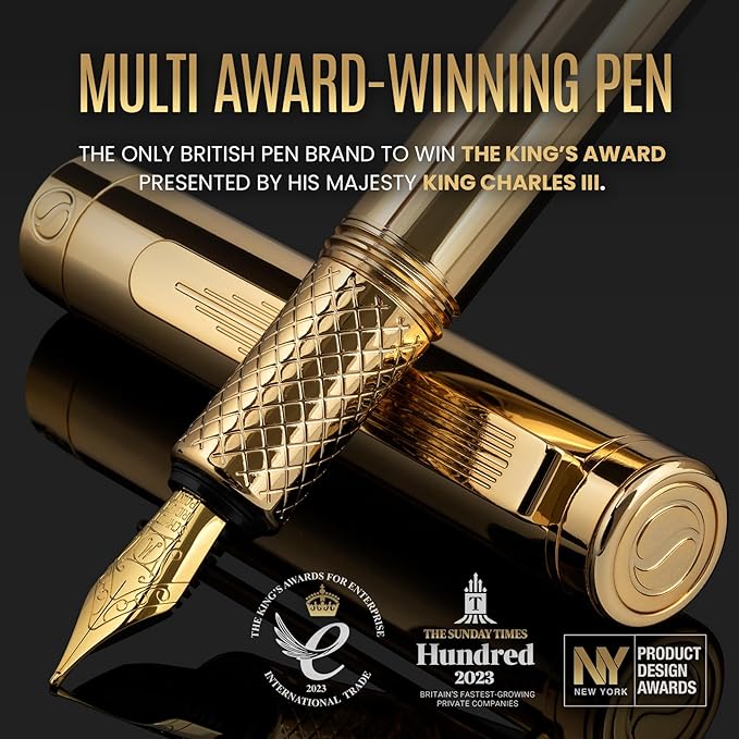Scriveiner Gold Luxury Fountain Pen (Medium) - Award Winning - Heavy Pocket Stunning Luxury Pen, Real Gold Plating, German Nib & Converter, Nice Gift Pens for Men & Women