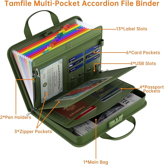 5200℉ Fireproof Accordion File Organizer with Lock, Thickened Document Organizer 13 Colorful Pocket with Labels, Important Document Organizer, Expanding File Folder with Handle for Letter A4 (Green)