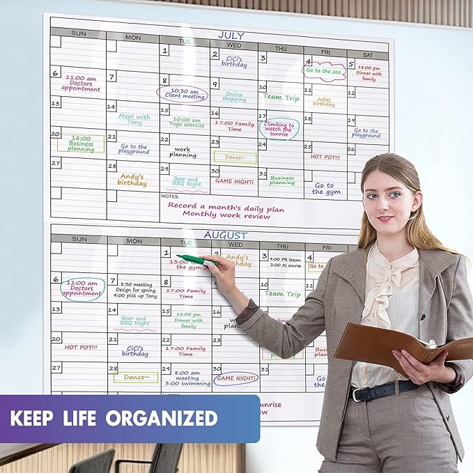 Magnetic-Receptive Dry Erase Two Month Laminated Jumbo Wall Calendar, 38" x 50",Big Whiteboard Calendar with Iron Sheet Backing-Works with Magnetic Markers Eraser, Giant Blank Poster with Square