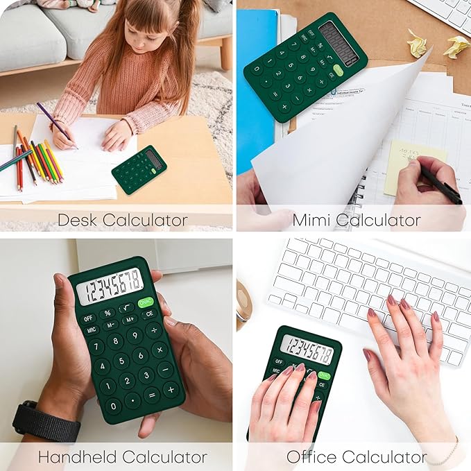 Cute Calculator, Basic Four Function for Teachers Students Basics Office, Small Handheld Calculators, 8 Digit with LCD Display, Sensitive Button, 5.5×3.2 inches Deep Green