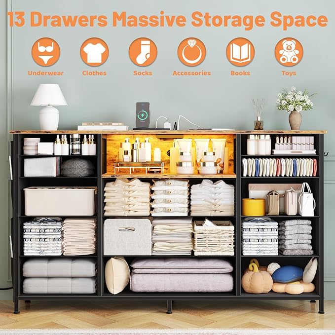 HCHQHS 47 Inch Dresser for Bedroom with 13 Drawers,Side Pockets Hooks and Lights with Remote Control,Hallway,Closet,Kitchen,Large TV Stand (Rustic Brown)