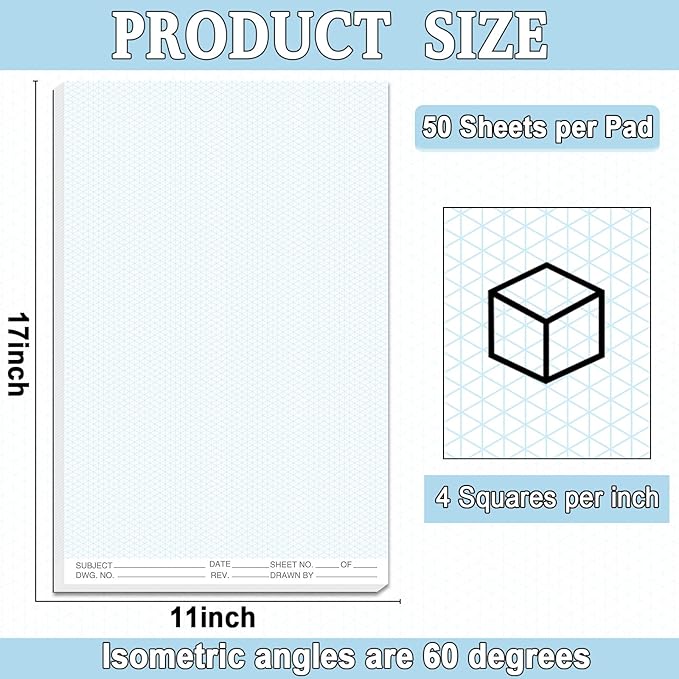 2 Pack 100 Sheets 11" x 17" Isometric Graph Paper Pad Landscape for 3D Designs Architecture Landscaping Engineering Drafting (Portrait)