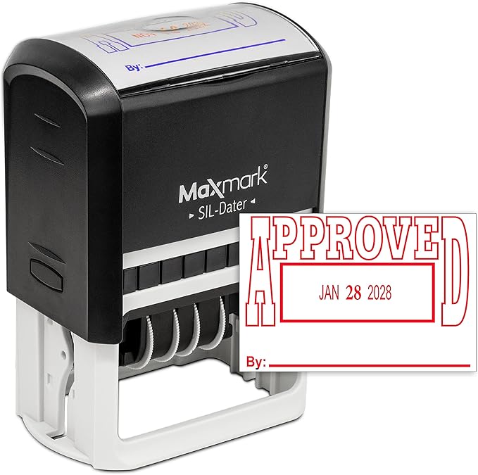 MaxMark Large Self-Inking Rubber Date Office Stamp with Approved Phrase & Date - Red Ink, 12-Year Band - Style 5