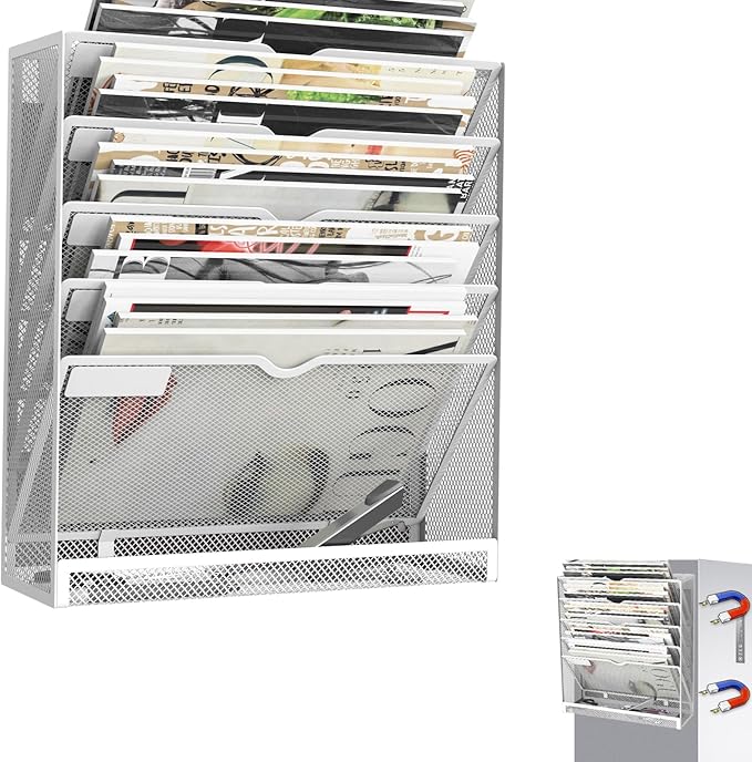 KZWKRG 6 Tier Magnetic File Holder, Large Capacity Mesh Hanging Wall Organizer Vertical Magnetic Hanging File Organizer, Magnetic File Folder Holder for File Cabinets, Office, Whiteboard (White)