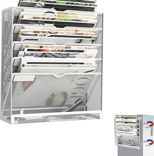 KZWKRG 6 Tier Magnetic File Holder, Large Capacity Mesh Hanging Wall Organizer Vertical Magnetic Hanging File Organizer, Magnetic File Folder Holder for File Cabinets, Office, Whiteboard (White)