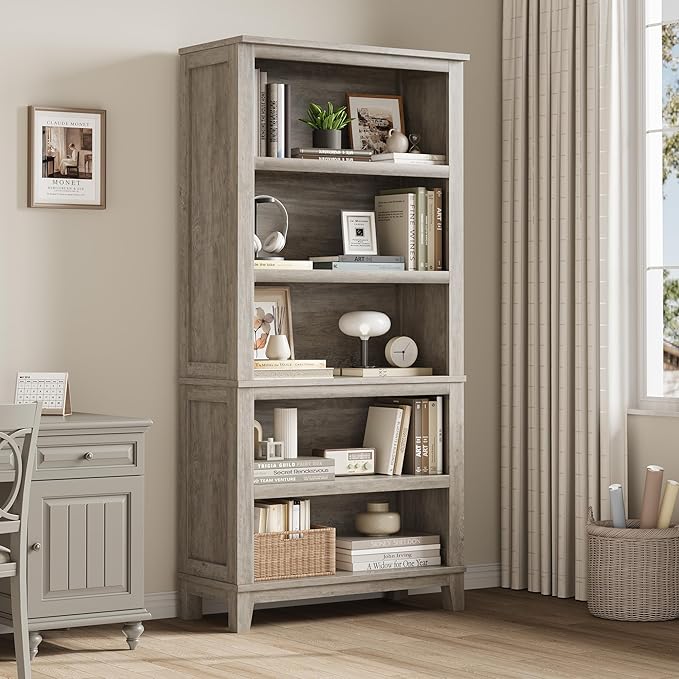 IDEALHOUSE 71" Farmhouse Bookshelf w/Adjustable Shelves & 31.5 in Whidth, 5 Tier Tall Bookshelf with Wooden Legs, Vintage Wooedn Book Shelf for Living Room Office (Gray, 71.3" H x 31.5" W x 11.8" D)