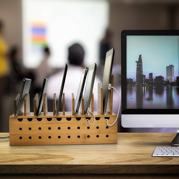 Prosumer's Choice Multi Device Charging Station - Bamboo Charging Dock and Cord Organizer for 10 Devices - Bamboo Desk Organizer Rack with Cable Box for Power Strip Storage, Phones and Tablets