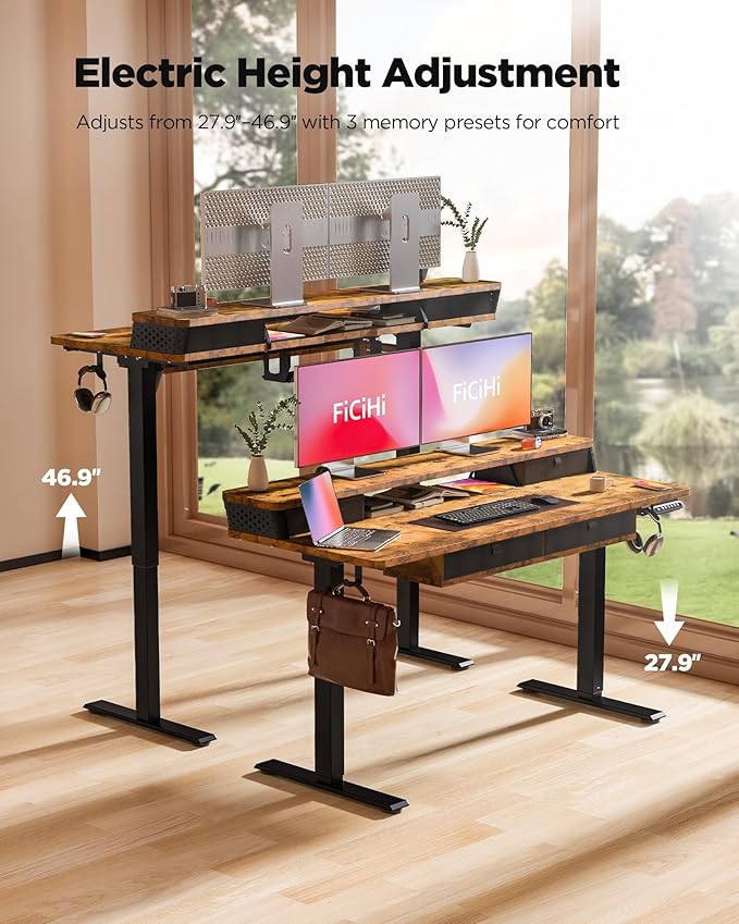 FiCiHi Electric Standing Desk with Four Drawers, Adjustable Height Sit Stand Desk, C-Clamp Compatible Home Office Desk with Storage Shelf & Monitor Stand Riser, 55 x 24 Inch, Rustic Brown