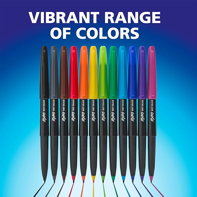 EXPO Wet Erase Markers, Semi-Permanent, Blue, Ultra Fine Tip, 12 Count - For Writing on Glass, Whiteboards, Mirrors, Calendar, Labeling, Organizing