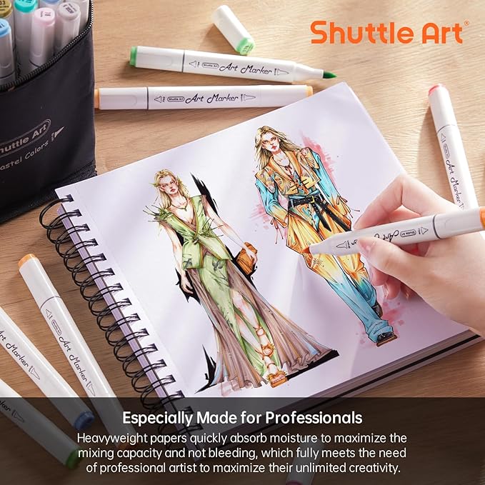 Shuttle Art Marker Pad, 8.3”x8.9” Portable Square Sketchbook, 80 Sheets Marker Drawing Paper, 110LB/180GSM Bleedproof Art Paper, Spiral-Bound, Great for Professional Artist to Draw, Paint & Sketch
