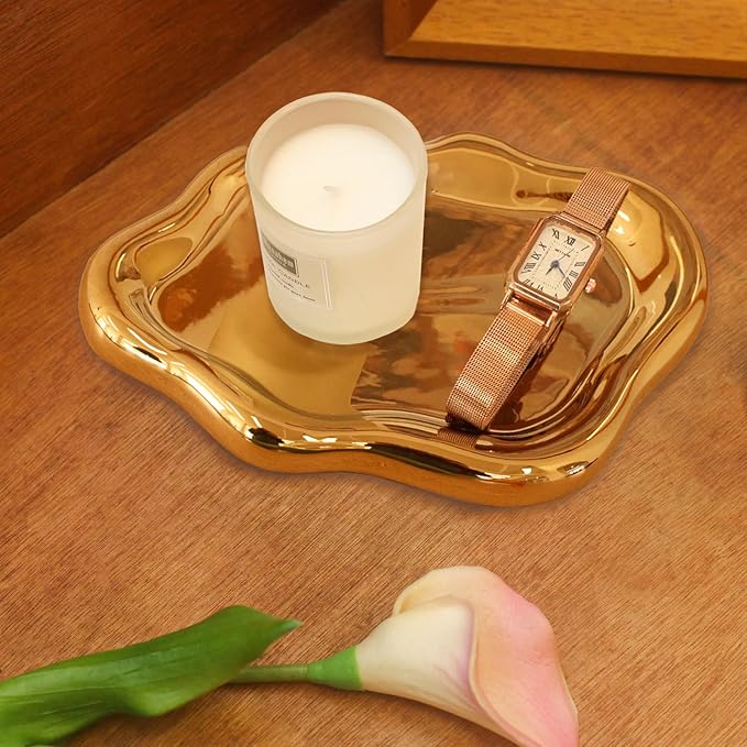 CCINPPY Ceramic Jewelry Tray Trinket Dish, Decorative Cloud Vanity Key Tray for Women, Ring Holder Dish, Cute Jewelry Plate Bowl Room Decor Aesthetic, Gold, Large