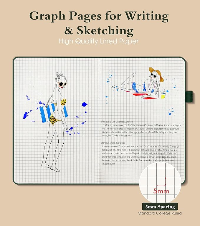 PAIBAS Graph Notebook for Women Men, 160 Pages Grid Paper, Graphing Notebooks for School, Work, Quad Ruled, Inner Pocket, A5 Hardcover Vintage Leather Journals for Writing, 5.8"x8.5" (Green)