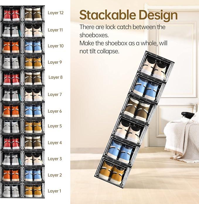 Amllas 10 Pack Shoe Boxes Stackable,Upgraded Sturdy Storage Boxes with Clear Magnetic Door,Multifunctional Sneaker Organizer Fit up to US Size 12 (13.8”x 9.84”x 7.1”)