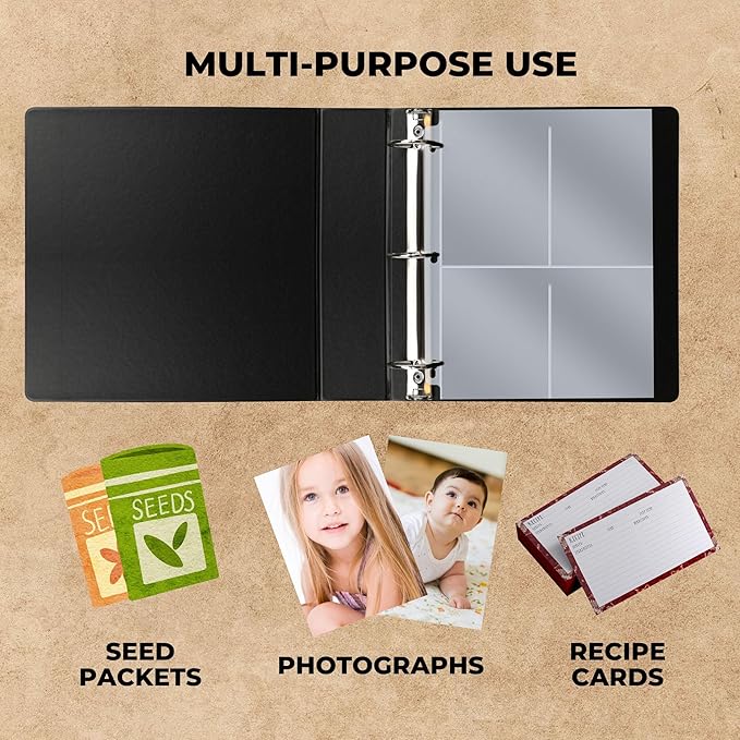 Performore Heavy-Duty Seed Storage Kit for Organizing Seed Packets, with 200 Pockets, 3.5 x 5.25'' Pocket Size, 50 Clear Pages w/ 4 Sleeves per, 2.5" Capacity, Cover is Solid Black Plastic