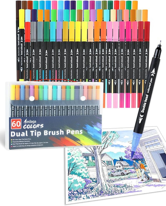 AEDAGA 60 Colors Dual Tip Brush Pens, Fine Felt Tip and Brush Tips Colored Pens for Adults, Coloring Markers for Coloring Book Bullet Journaling Note Taking Hand Lettering