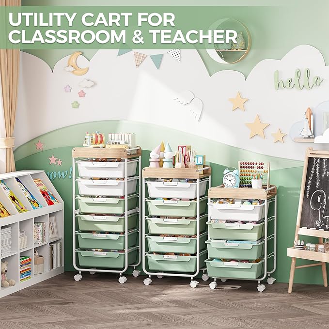 Rolling Storage Utility Cart With 4 Drawers,Kids Craft Art Cart,Makeup Organizer And Storage with Wooden Tabletop,Green