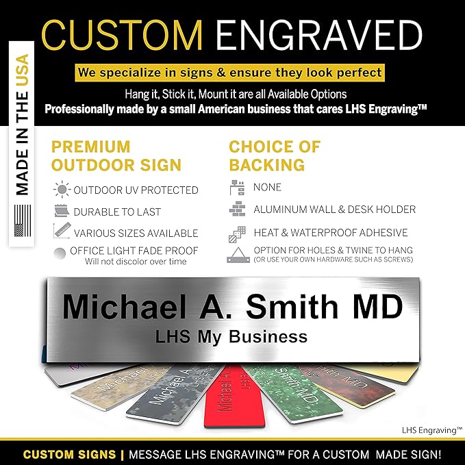 Door Name Plate Personalized for Office Brushed Steel Plastic Name Plate Black Letters - Made in USA 2x8 M1