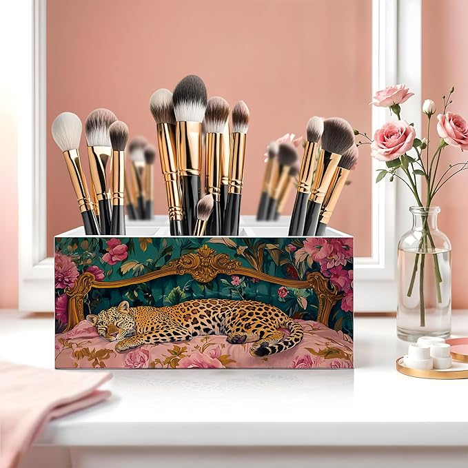 Exqcom Trendy Retro Leopard Pen Pencil Holder, Leopard Print Gifts for Women, Eclectic Maximalist Sleeping Cheetah Pencil Pen Holder Organizer for Home Office Desk Accessories